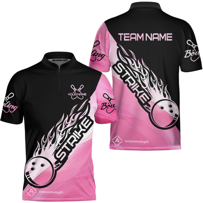 Customized Bowling Jersey Black And Pink Pastel Shirt Strike Ball Bowling Tenpin Quarter Zip Shirt For Bowlers