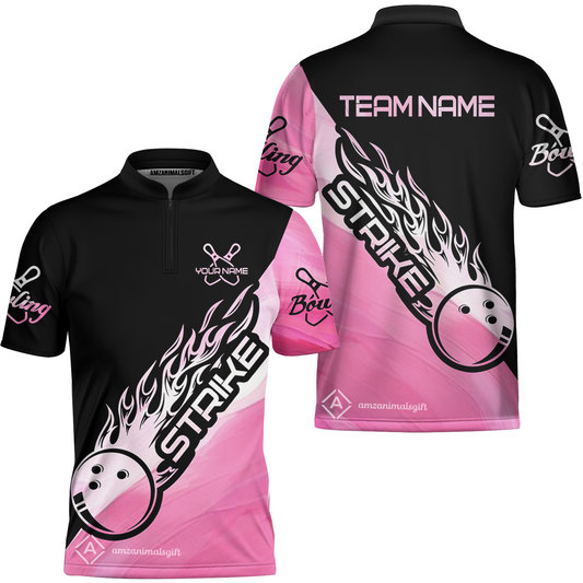 Customized Bowling Jersey Black And Pink Pastel Shirt Strike Ball Bowling Tenpin Quarter Zip Shirt For Bowlers