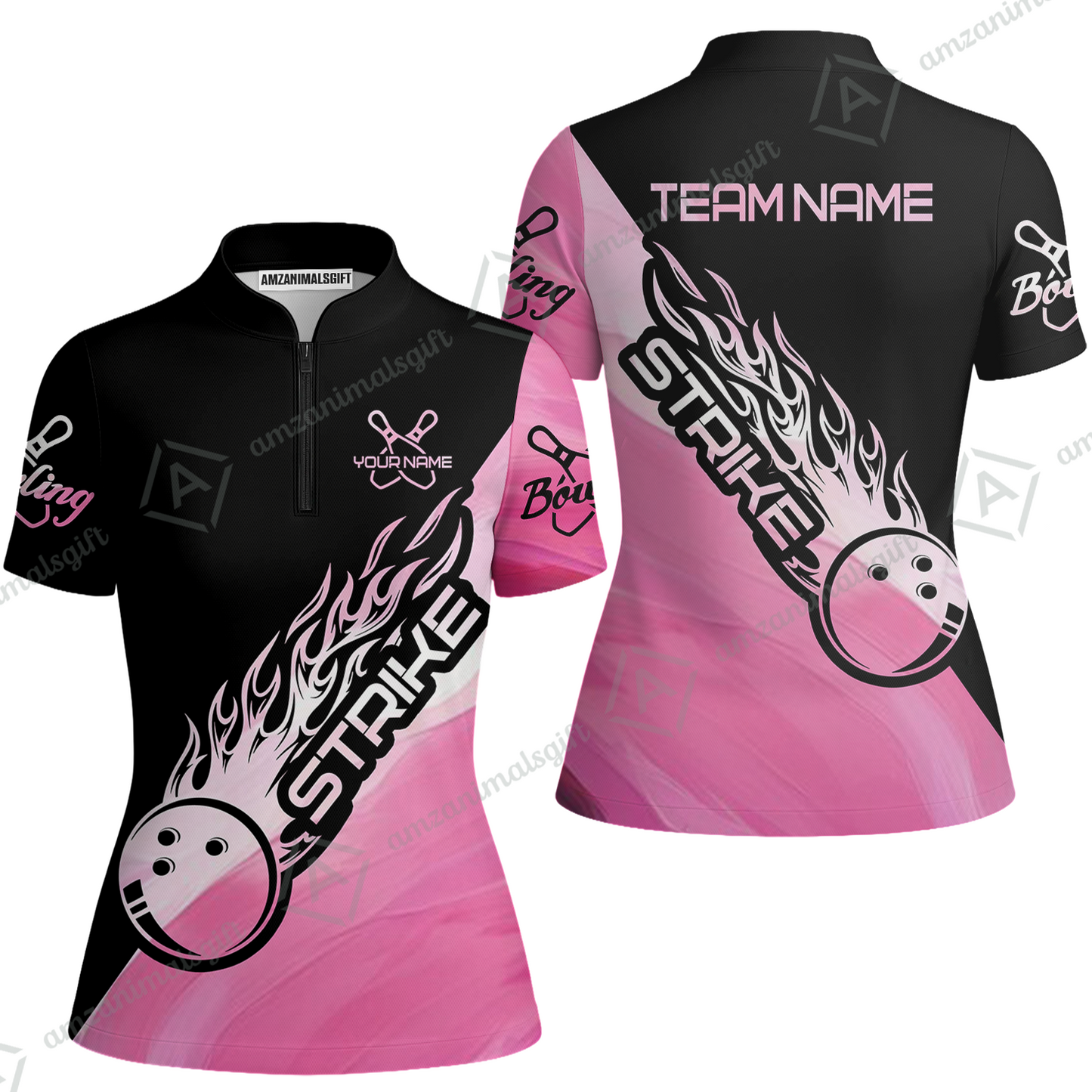 Customized Bowling Jersey Black And Pink Pastel Shirt Strike Ball Bowling Tenpin Quarter Zip Shirt For Bowlers