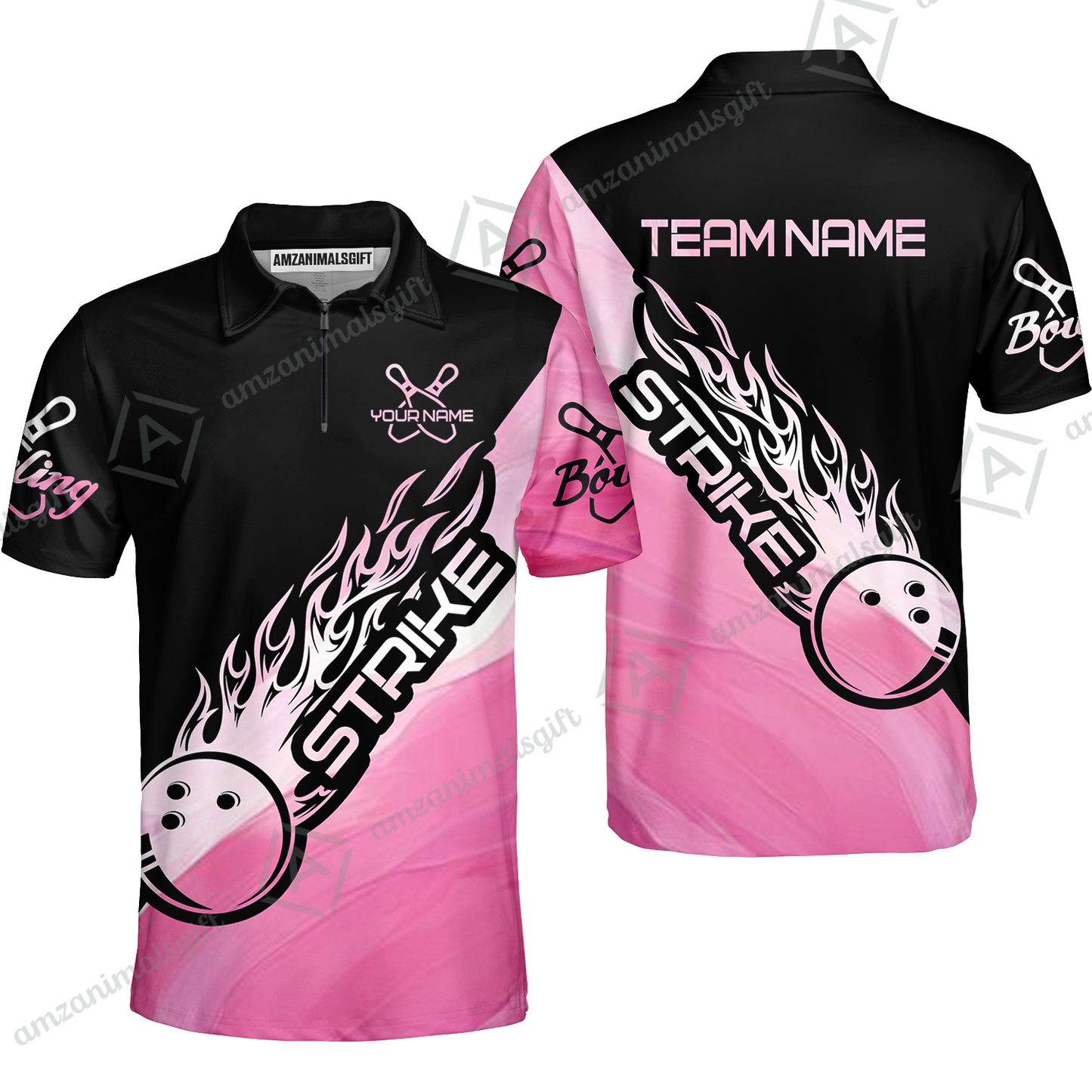 Customized Bowling Jersey Black And Pink Pastel Shirt Strike Ball Bowling Tenpin Quarter Zip Shirt For Bowlers