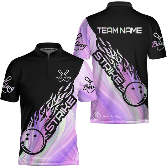 Customized Bowling Jersey Black And Purple Pastel Shirt Strike Ball Bowling Tenpin Quarter Zip Shirt For Bowlers