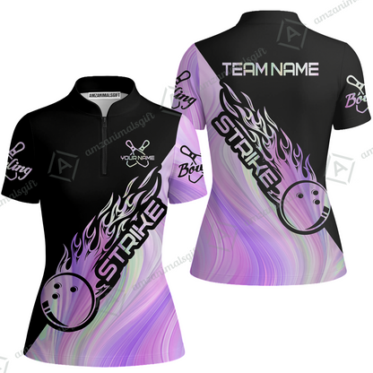 Customized Bowling Jersey Black And Purple Pastel Shirt Strike Ball Bowling Tenpin Quarter Zip Shirt For Bowlers