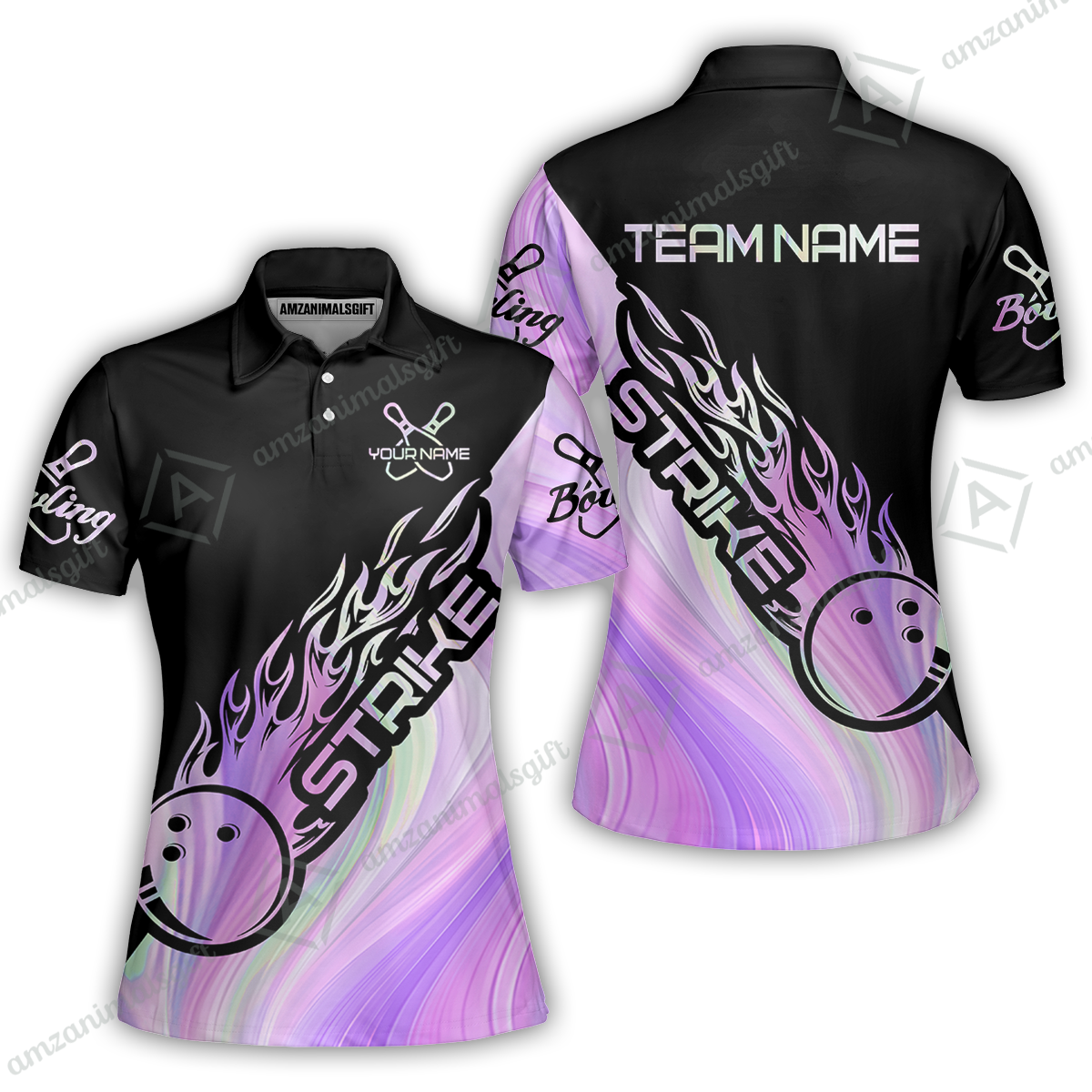Customized Bowling Jersey Black And Purple Pastel Shirt Strike Ball Bowling Tenpin Quarter Zip Shirt For Bowlers