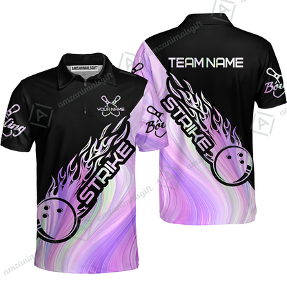 Customized Bowling Jersey Black And Purple Pastel Shirt Strike Ball Bowling Tenpin Quarter Zip Shirt For Bowlers