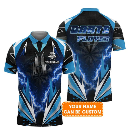Darts Custom Name Men Polo Shirt, Blue Darts Thunder And Lightning Personalized Men Polo Shirt Gift For Darts Lovers, Friend, Team Player