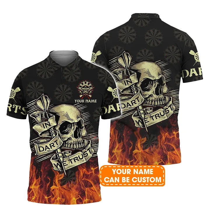 Darts Custom Name Men Polo Shirt, Flame Skull In Dart We Trust Personalized Men Polo Shirt Gift For Darts Lovers, Friend, Team, Darts Player