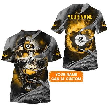 Customized Name Billiard T Shirt, Black And Yellow Fire Skull With 8-Ball Billiards Game T Shirt For Men - Gift For Billiard Lovers, Billiard Players