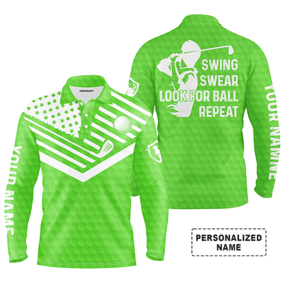 Custom Golf Long Sleeve Men Polo Shirt -  Custom Name American Flag Apparel - Swing Swear Look For Ball Repeat Men Golf Polo Shirt