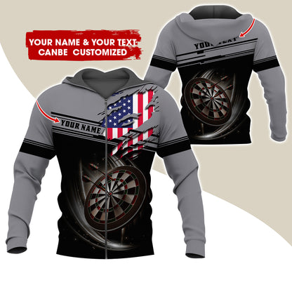 Custom Name & Text Darts Premium Zip Hoodie, Customized Name American Flag Darts Zip Hoodie For Men & Women - Gift For Darts Lovers, Darts Players