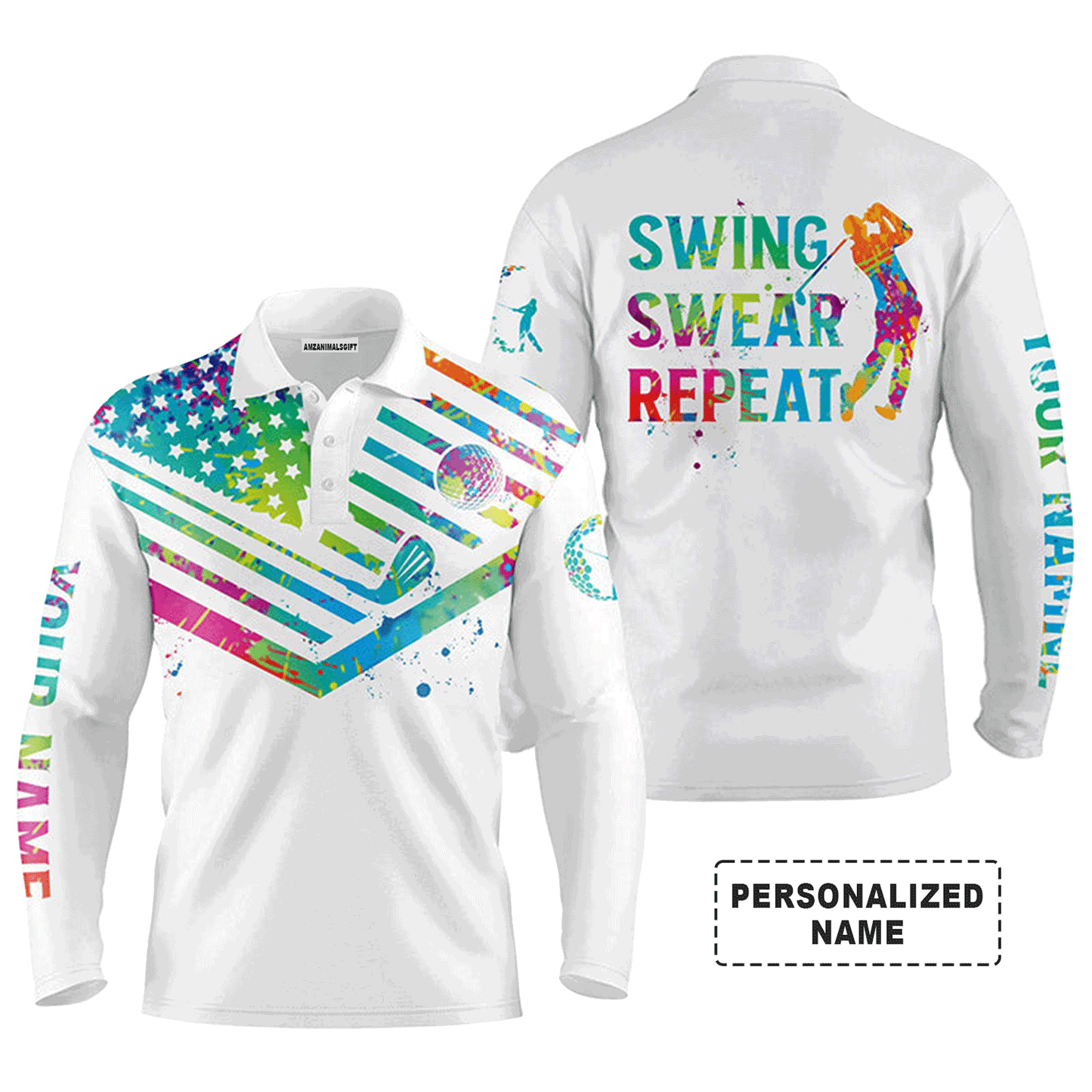 Custom Golf Long Sleeve Men Polo Shirt, Custom Name Watercolor American Flag Swing Swear Repeat Apparel - Perfect Gift For Men, Golf Lover