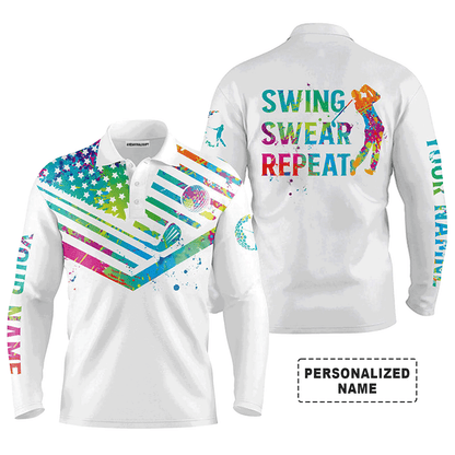 Custom Golf Long Sleeve Men Polo Shirt, Custom Name Watercolor American Flag Swing Swear Repeat Apparel - Perfect Gift For Men, Golf Lover