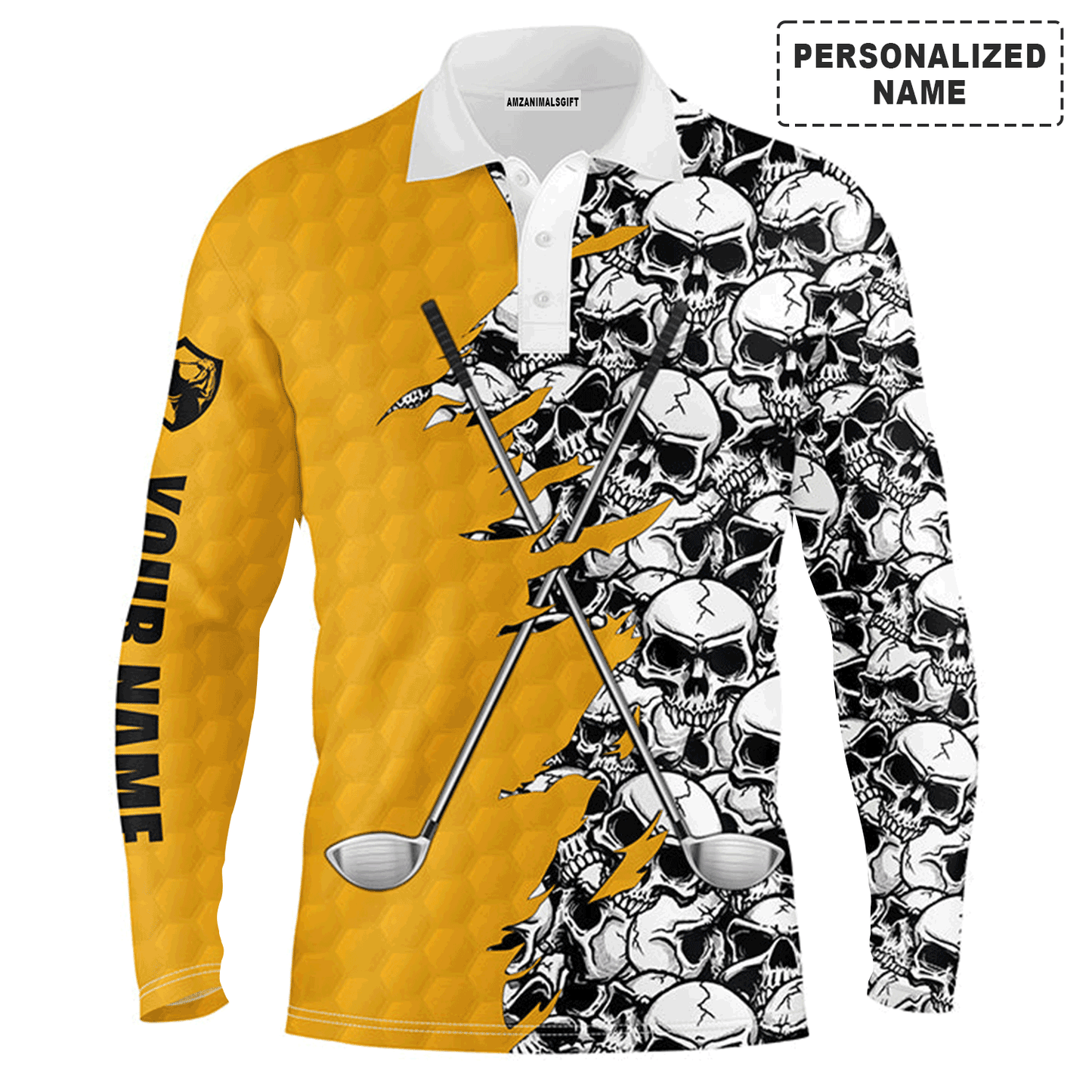 Custom Golf Long Sleeve Men Polo Shirt, Pattern Skull Golf Clubs Performance Custom Name Apparel - Perfect Gift For Men, Golf Lovers