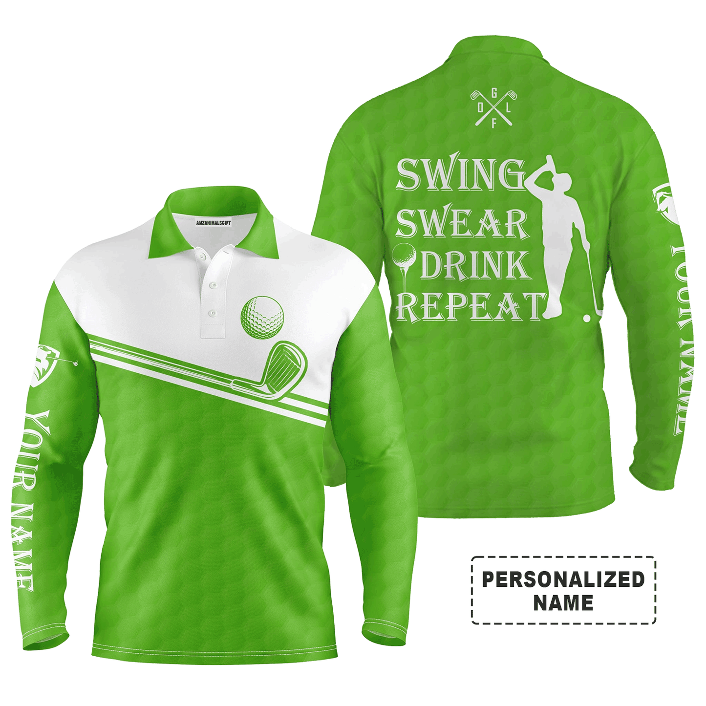 Custom Golf Long Sleeve Men Polo Shirt, Custom Name Multicolor Swing Swear Drink Repeat Apparel- Perfect Gifts For Men, Golf Lover