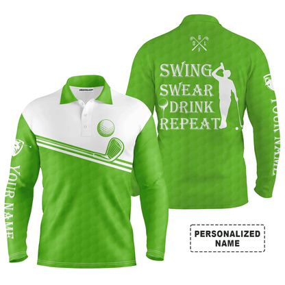 Custom Golf Long Sleeve Men Polo Shirt, Custom Name Multicolor Swing Swear Drink Repeat Apparel- Perfect Gifts For Men, Golf Lover
