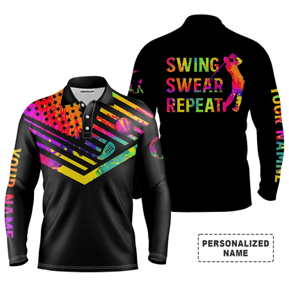 Custom Golf Long Sleeve Men Polo Shirt- Custom Name Watercolor American Flag Multicolor Apparel,Swing Swear Repeat Men Golf Polo Shirt  For Golf Lover