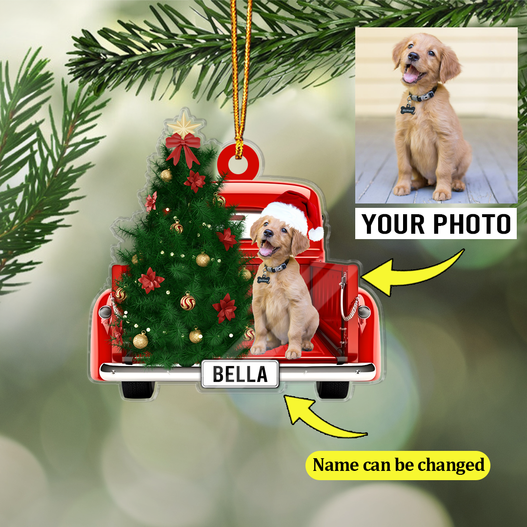 Dog On Truck Christmas Ornament Customized Name And Photo Custom Shape Acrylic Ornament for Dog Lover