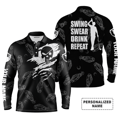 Custom Golf Long Sleeve Men Polo Shirt - Custom Name Multicolor Golf Clubs Pattern - Swing Swear Drink Repeat Men Polo Shirt For Golf Lover