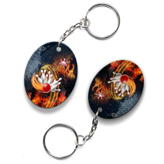 Customized Name Red Bowl And Pins In Water And Fire Acrylic Keychain - Christmas Gift For Bowling Lovers, Bowling Players, Family, Friends