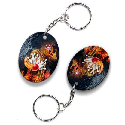 Customized Name Red Bowl And Pins In Water And Fire Acrylic Keychain - Christmas Gift For Bowling Lovers, Bowling Players, Family, Friends