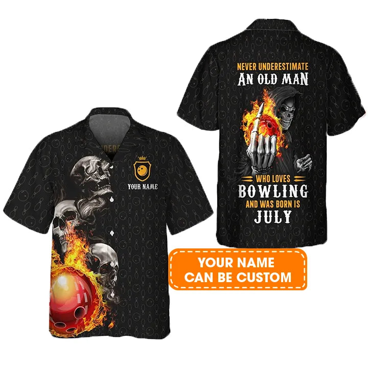 Bowling Hawaiian Shirt Custom Name, Bowling Skull Who Loves Bowling And Was Born In July Personalized Aloha Hawaiian Shirts - Gift For Bowling Lovers, Friend, Family