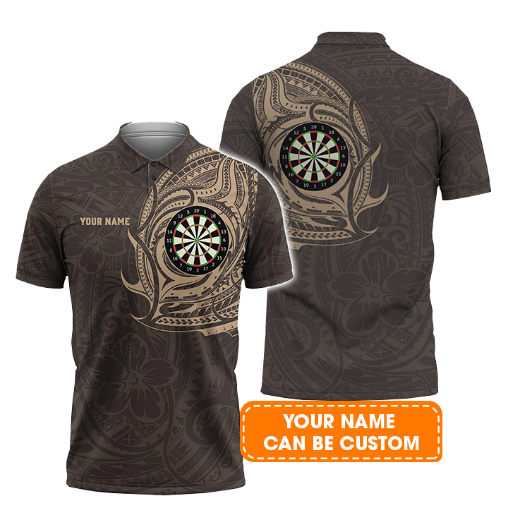 Darts Custom Name Men Polo Shirt, Brown Polynesian Dartboard Personalized Men Polo Shirt Gift For Darts Lovers, Friend, Darts Team Player