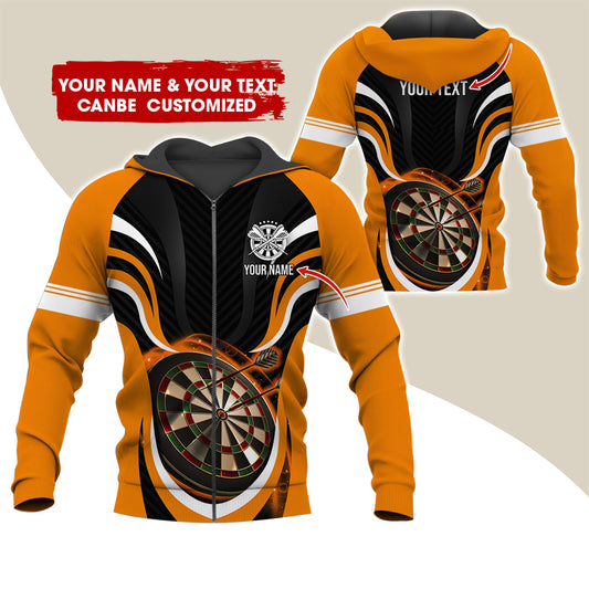 Customized Name & Text Darts Premium Zip Hoodie, Personalized Black Orange Pattern Zip Hoodie For Men & Women - Gift For Darts Lovers, Darts Players