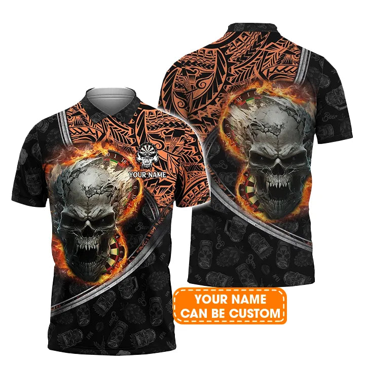 Skull Maori Tattoo And Darts Custom Name Men Polo Shirt, Flame Bullseye Dartboard Personalized Men Polo Shirt Gift For Darts Lovers, Friends