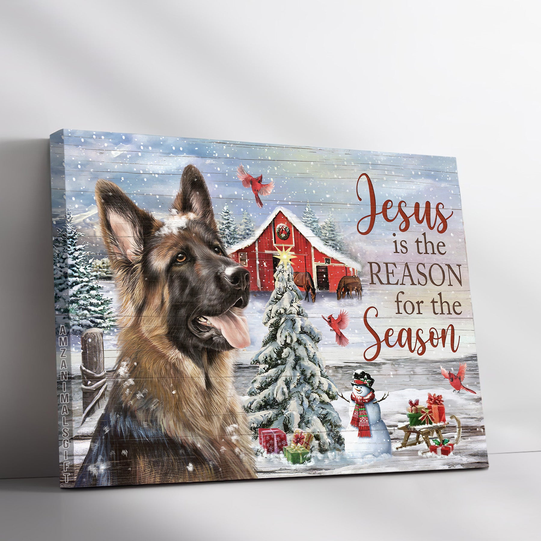 German Shepherd & Jesus Premium Wrapped Landscape Canvas - German Shepherd, Christmas, Cardinal, Jesus Is The Reason For The Season - Gift For Christian