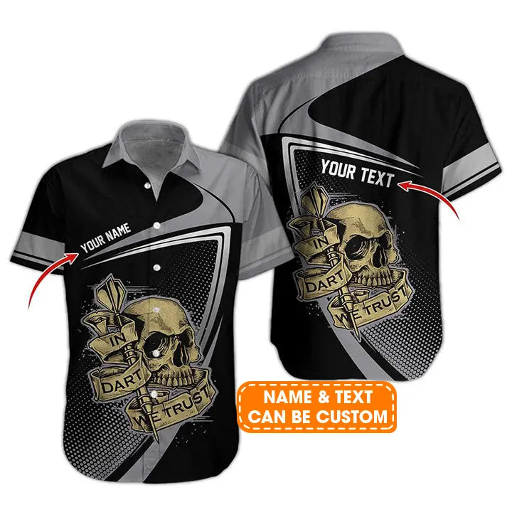 Personalized Name Darts Aloha Hawaiian Shirt, Darts Pattern And Skull,In Darts We Trust Personalized Name Hawaiian Shirt For Men & Women, Darts Lover