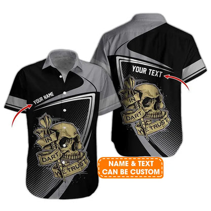 Personalized Name Darts Aloha Hawaiian Shirt, Darts Pattern And Skull,In Darts We Trust Personalized Name Hawaiian Shirt For Men & Women, Darts Lover
