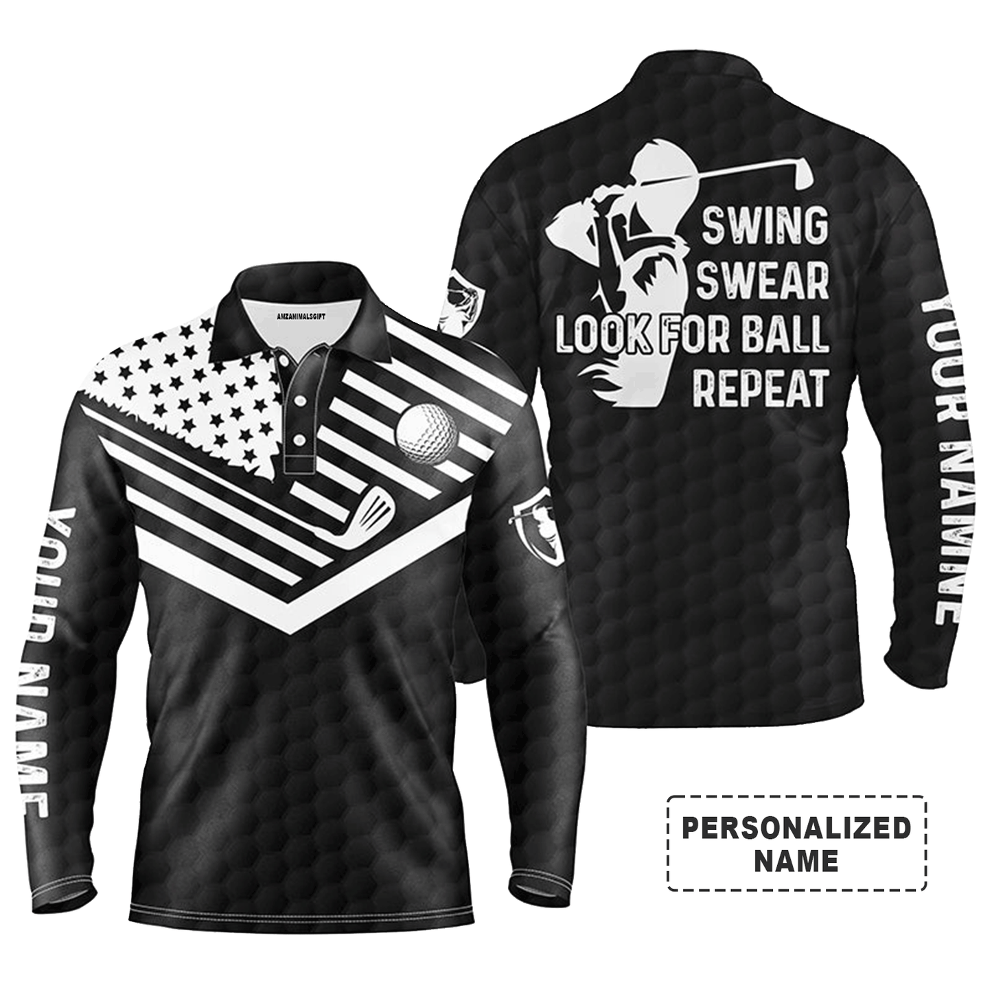 Custom Golf Long Sleeve Men Polo Shirt -  Custom Name American Flag Apparel - Swing Swear Look For Ball Repeat Men Golf Polo Shirt