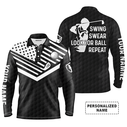 Custom Golf Long Sleeve Men Polo Shirt -  Custom Name American Flag Apparel - Swing Swear Look For Ball Repeat Men Golf Polo Shirt
