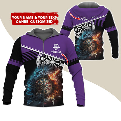 Personalized Name & Text Darts Premium Zip Hoodie, Customized Name Cloudy Fire Darts Zip Hoodie For Men & Women - Gift For Darts Lovers, Darts Players