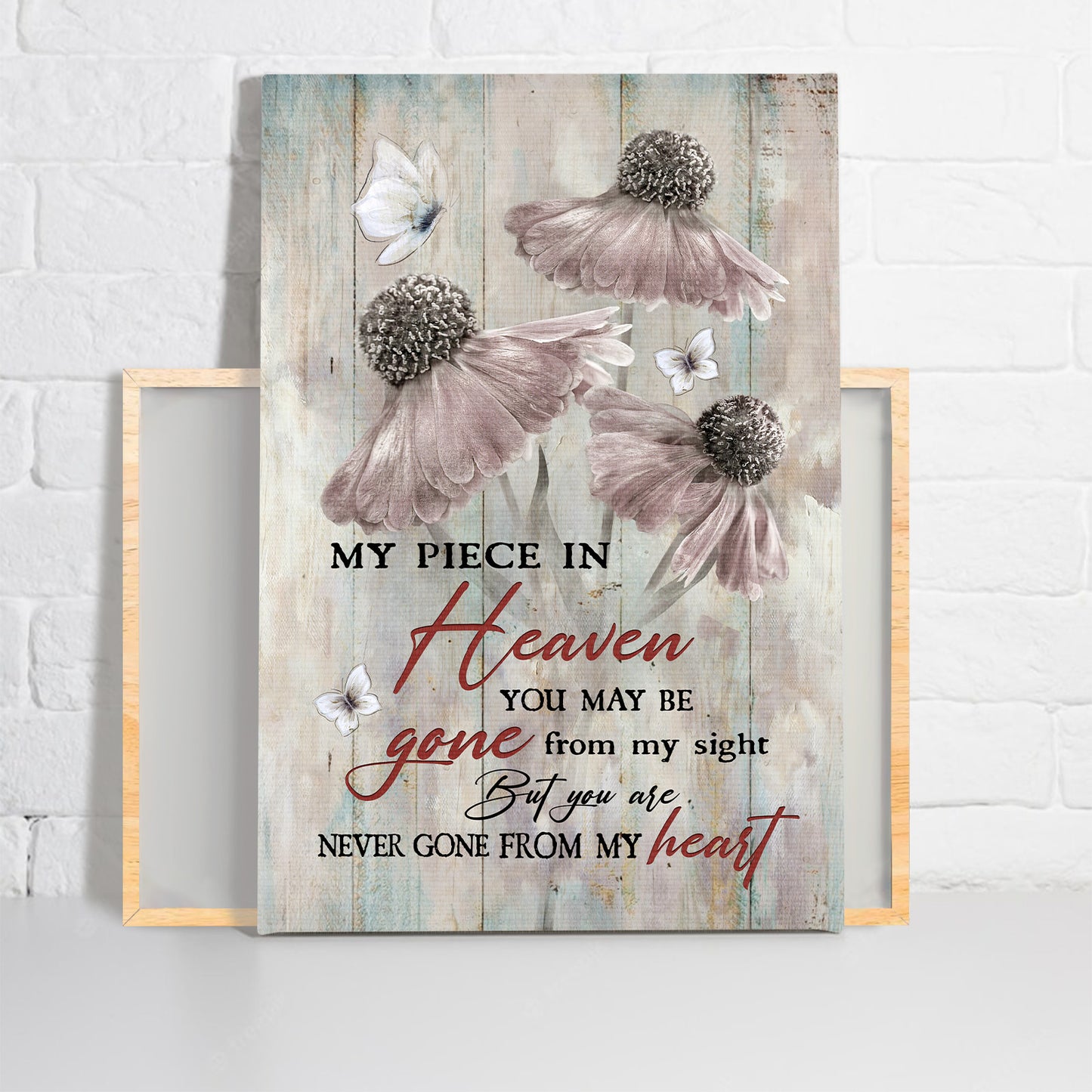 Memorial Premium Wrapped Portrait Canvas - Light Pink Flower Painting, Crystal Butterfly, You Are Never Gone From My Heart - Gift For Members Family