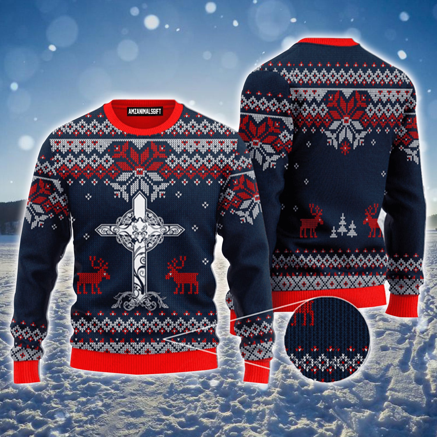 Dark Blue Christian Cross Reindeer Snow Pattern Urly Sweater, Christmas Sweater For Men & Women - Perfect Gift For New Year, Winter, Christmas