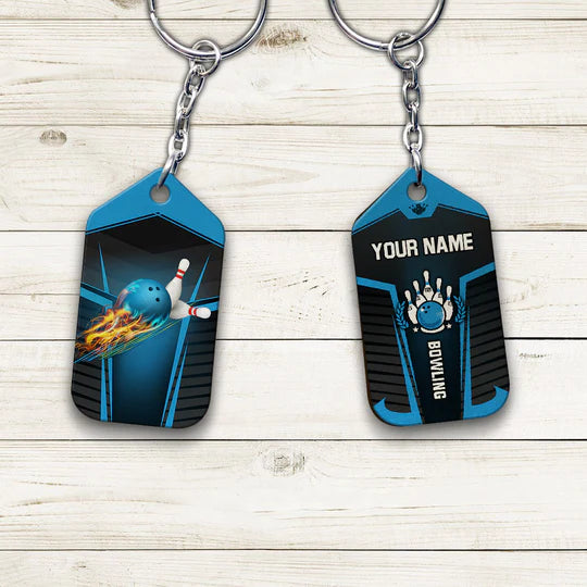 Personalized Name Blue Bowling Ball in Flames Breaks White Skittles Acrylic Keychain - Christmas Gift For Bowling Lovers, Bowling Team Players