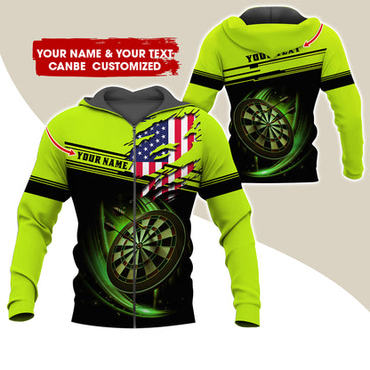 Custom Name & Text Darts Premium Zip Hoodie, Customized Name American Flag Darts Zip Hoodie For Men & Women - Gift For Darts Lovers, Darts Players