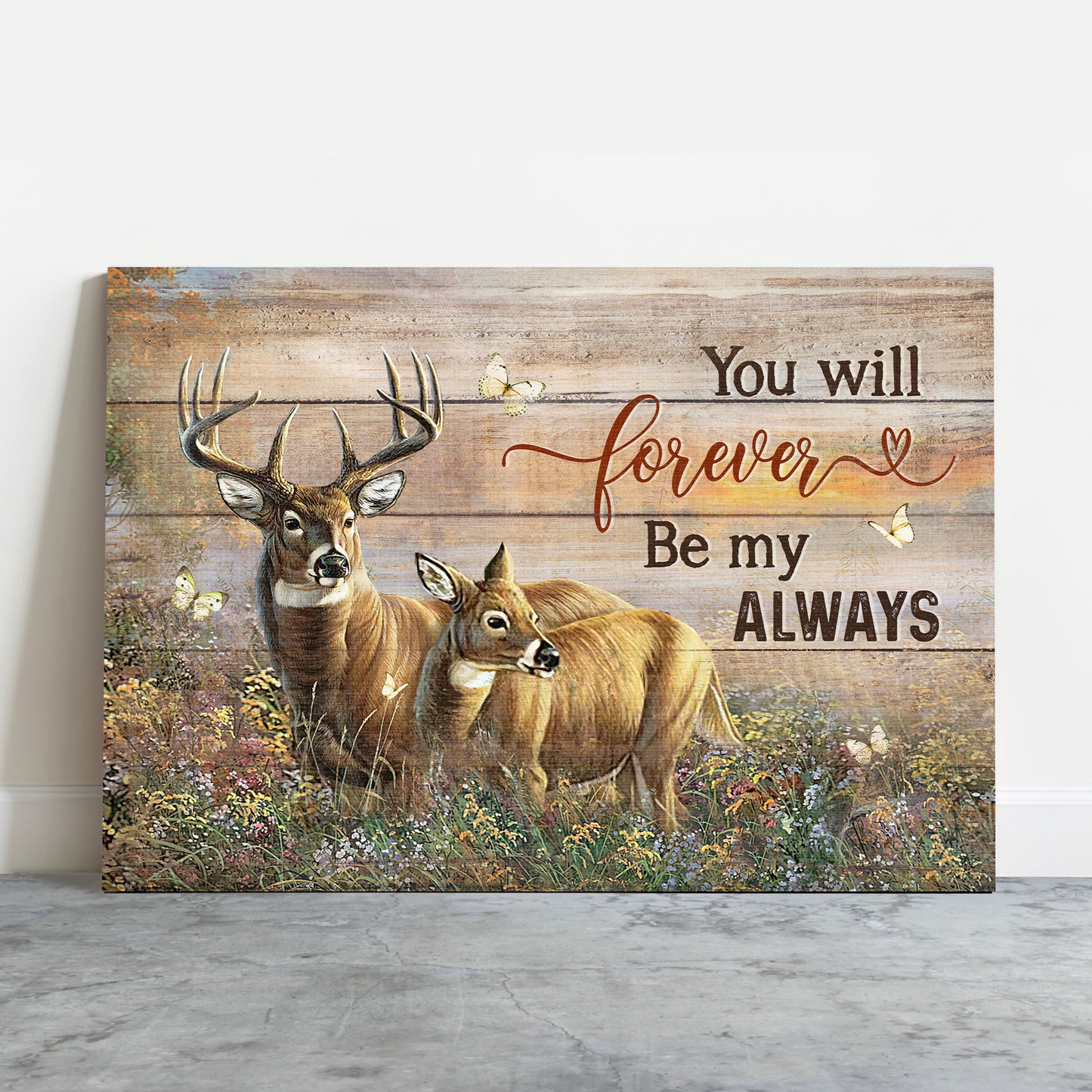 Family Premium Wrapped Landscape Canvas - Amazing Deer, Pretty Flower Field, You Will Forever Be My Always - Perfect Gift For Members Family