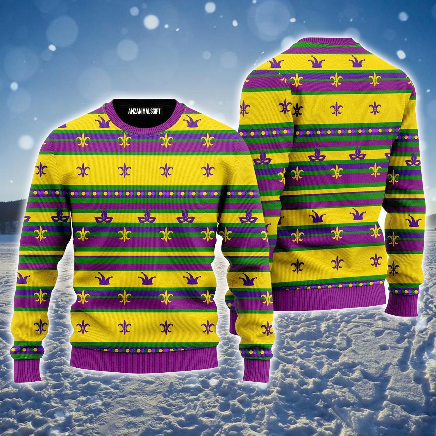 Striped Mardi Gras Pattern Ugly Sweater For Men & Women, Perfect Outfit For Christmas New Year Autumn Winter