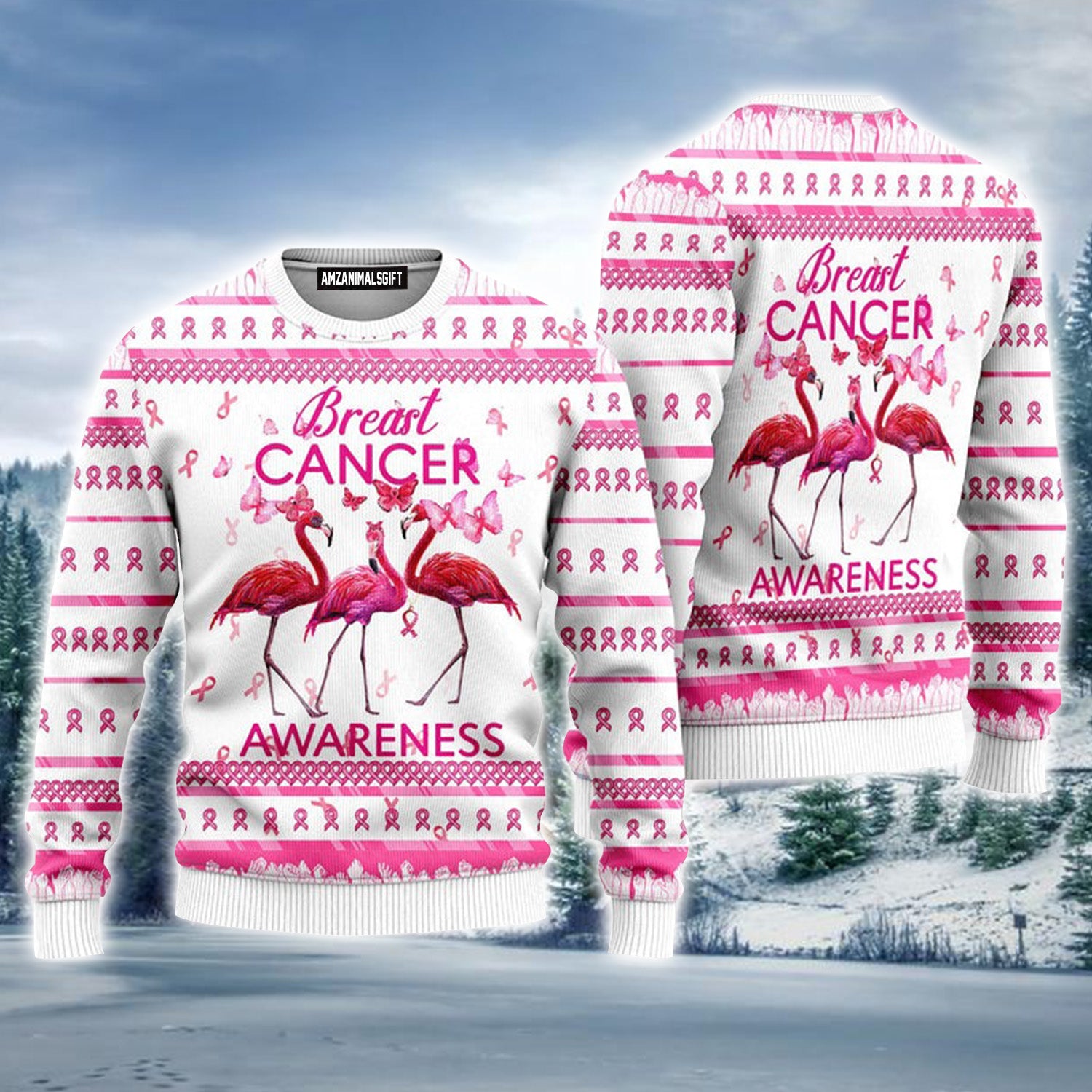 Flamingo Breast Cancer Awareness Ugly Christmas Sweater, Perfect Outfit For Men And Women On Breast Cancer Christmas New Year Autumn Winter