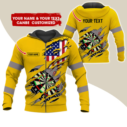 Customized Name & Text American Flag Darts Premium Zip Hoodie, Personalized Dartboard Zip Hoodie For Men & Women - Gift For Darts Lovers, Darts Players