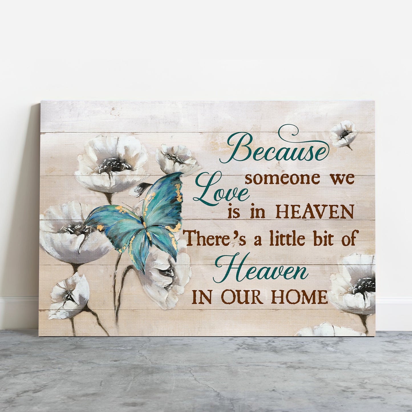 Memorial Premium Wrapped Landscape Canvas - White Poppy, Blue Butterfly, There's A Little Bit Of Heaven In Our Home - Heaven Gift For Members Family