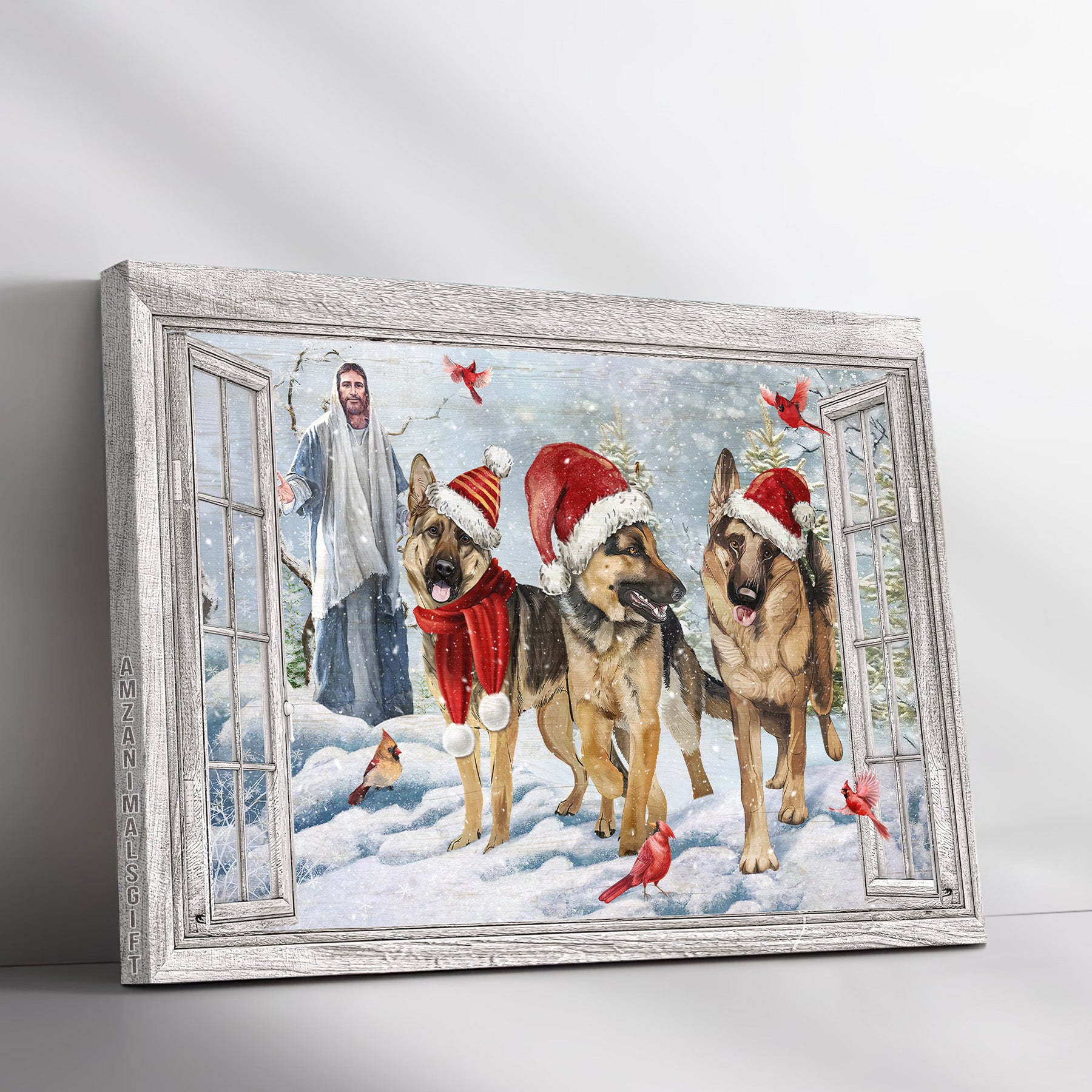 German Shepherd & Jesus Premium Wrapped Landscape Canvas - Christmas Hat, German Shepherd Dogs, Jesus Painting, Red Cardinal - Gift For Christian