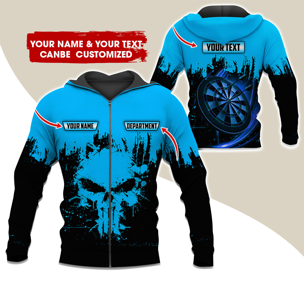Personalized Name & Text Darts Premium Zip Hoodie, Customized Skull Dartboard Team Zip Hoodie For Men & Women - Gift For Darts Lovers, Darts Players