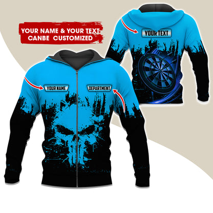 Personalized Name & Text Darts Premium Zip Hoodie, Customized Skull Dartboard Team Zip Hoodie For Men & Women - Gift For Darts Lovers, Darts Players