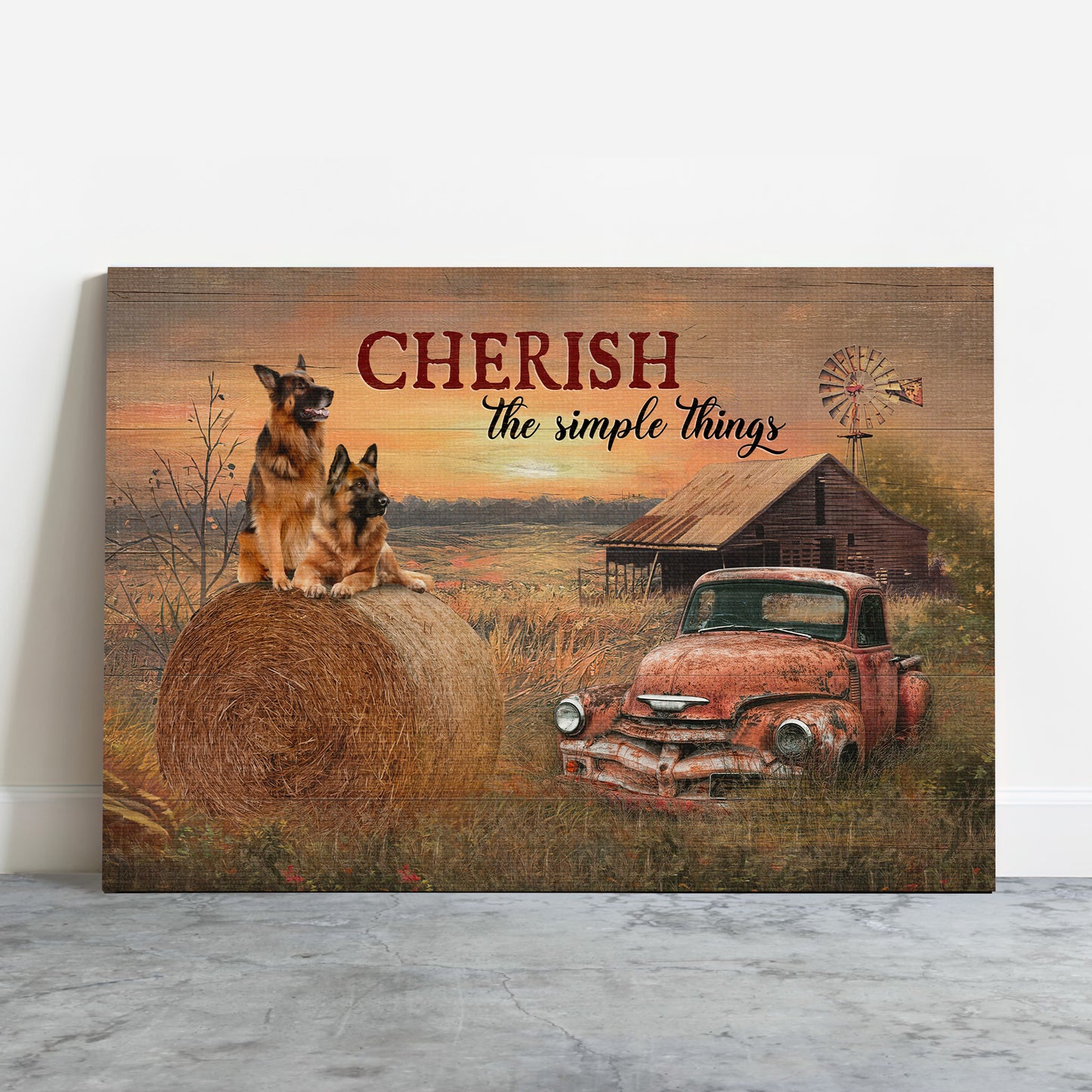 German Shepherd Premium Wrapped Landscape Canvas - German Shepherd, Red Old Car, Farm Painting, Cherish The Simple Thing- Gift For Dog Lovers