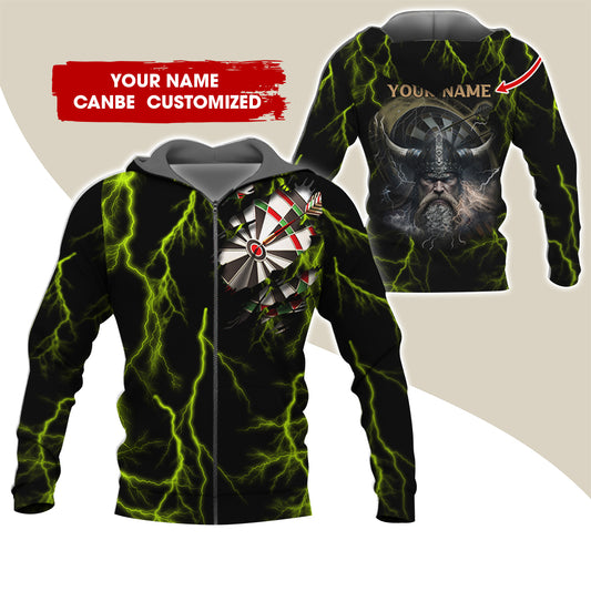 Customized Name Viking Darts Player Premium Zip Hoodie, Custom Thunder Lightning Zip Hoodie For Men & Women - Gift For Darts Lovers, Darts Players