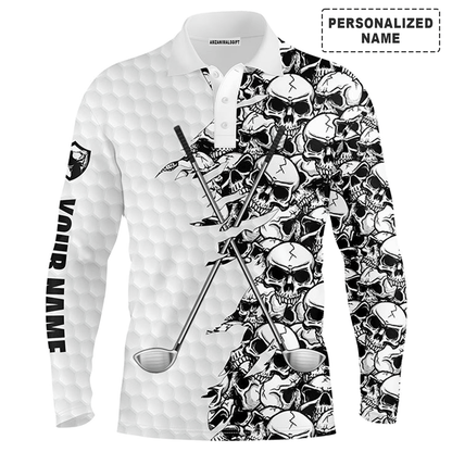 Custom Golf Long Sleeve Men Polo Shirt, Pattern Skull Golf Clubs Performance Custom Name Apparel - Perfect Gift For Men, Golf Lovers