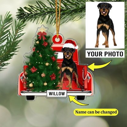 Dog On Truck Christmas Ornament Customized Name And Photo Custom Shape Acrylic Ornament for Dog Lover