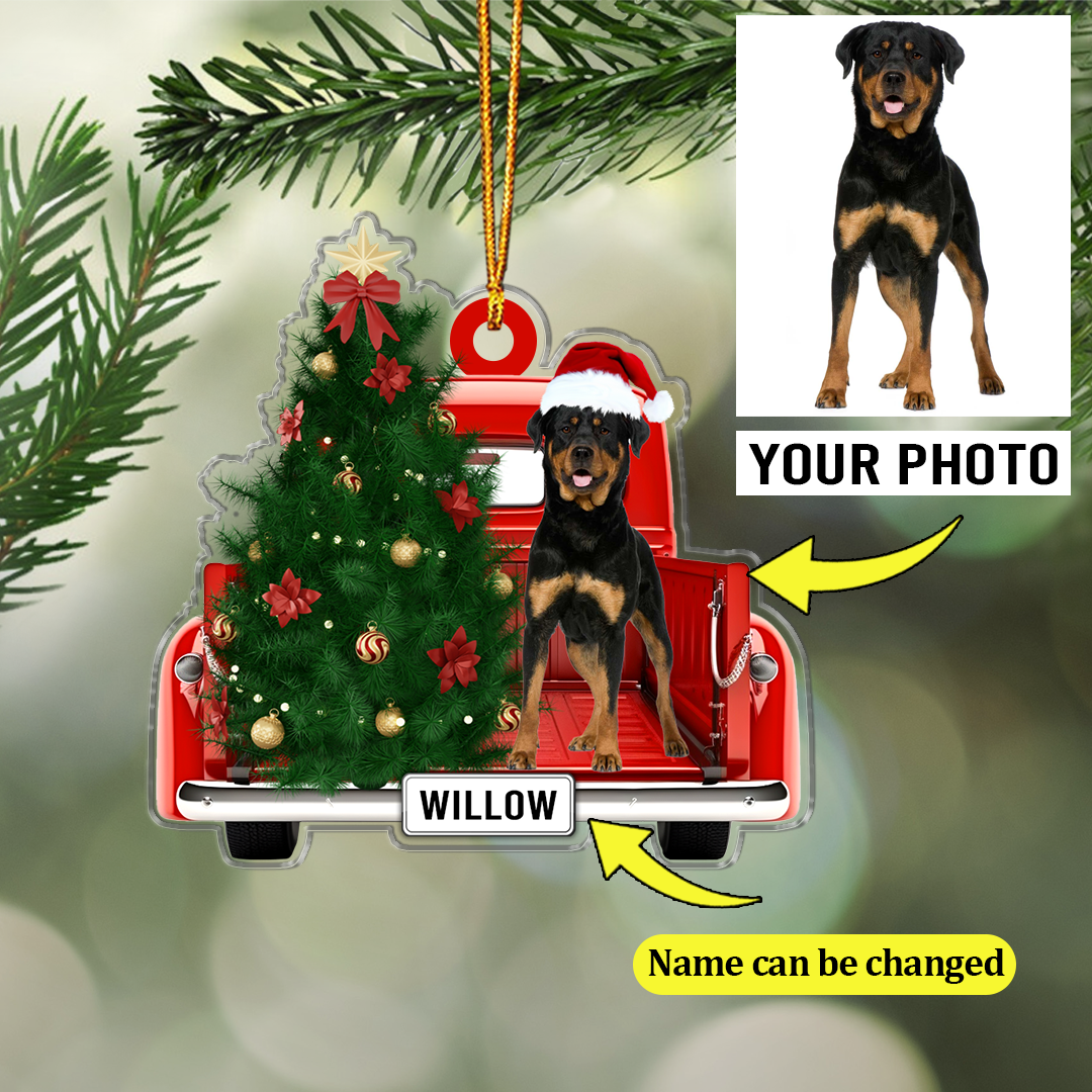 Dog On Truck Christmas Ornament Customized Name And Photo Custom Shape Acrylic Ornament for Dog Lover